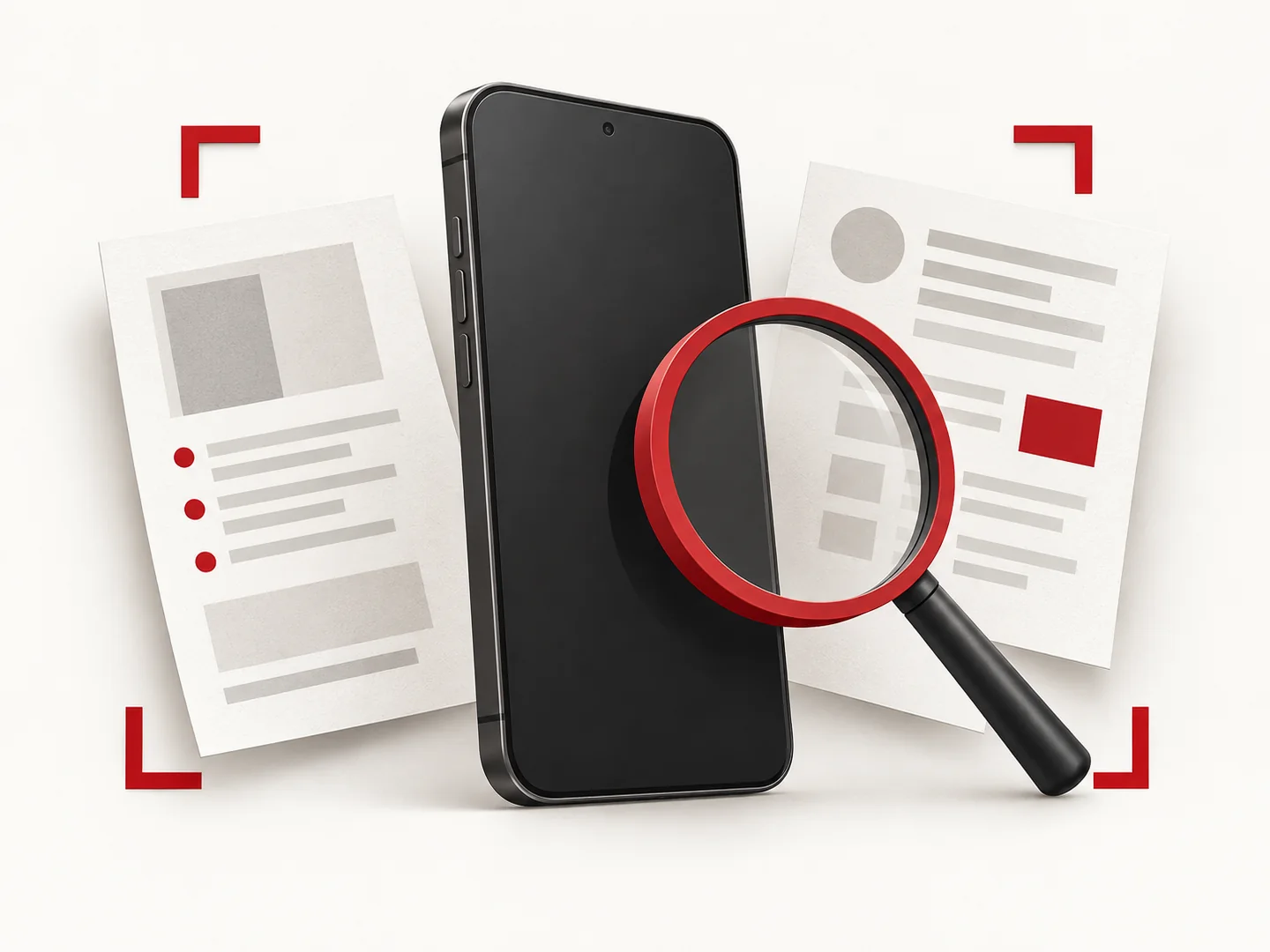Editorial illustration of a generic phone, a magnifying lens and document layers